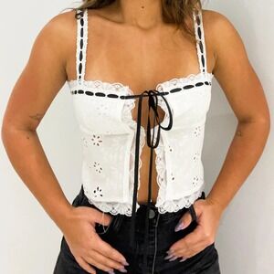 ✨Bobbi Rocco White Eyelet Lace Cami Crop Top Black Ribbon Tie Detail Size S